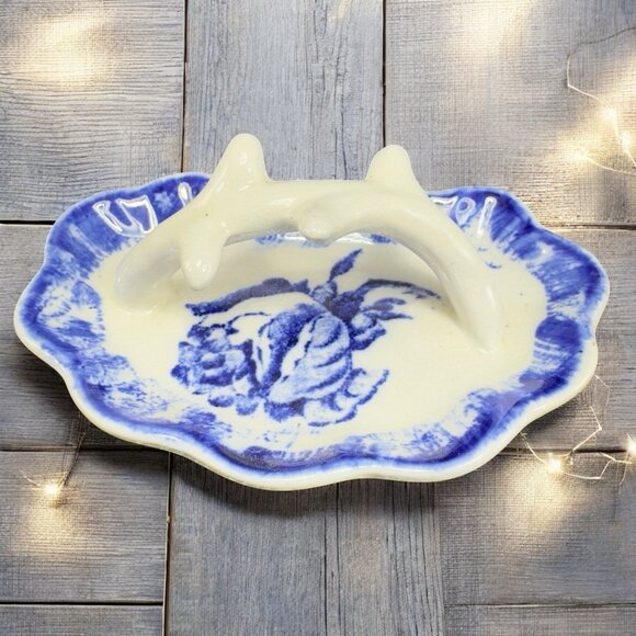 Antique Staffordshire Ironstone Lid Porcelain Flow Blue Rose Made in England VTG - Picture 1 of 13